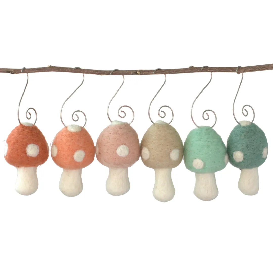 Wool Felt Mushroom Ornaments- Teals & Peaches- 6 Pieces