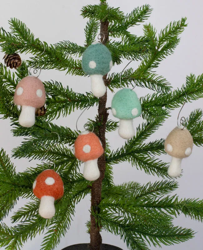 Wool Felt Mushroom Ornaments- Teals & Peaches- 6 Pieces